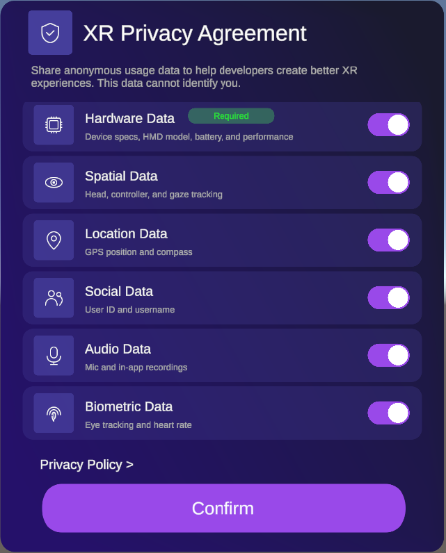 XR Privacy Agreement dialog in the Unity SDK — showing toggle switches for Hardware Data, Spatial Data, Location Data, Social Data, Audio Data, and Biometric Data